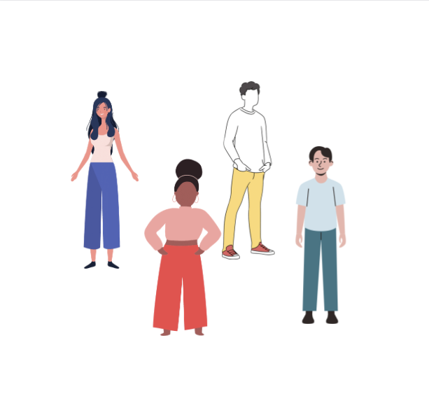 Four Illustrated figures stand apart from each other against a simple white background 